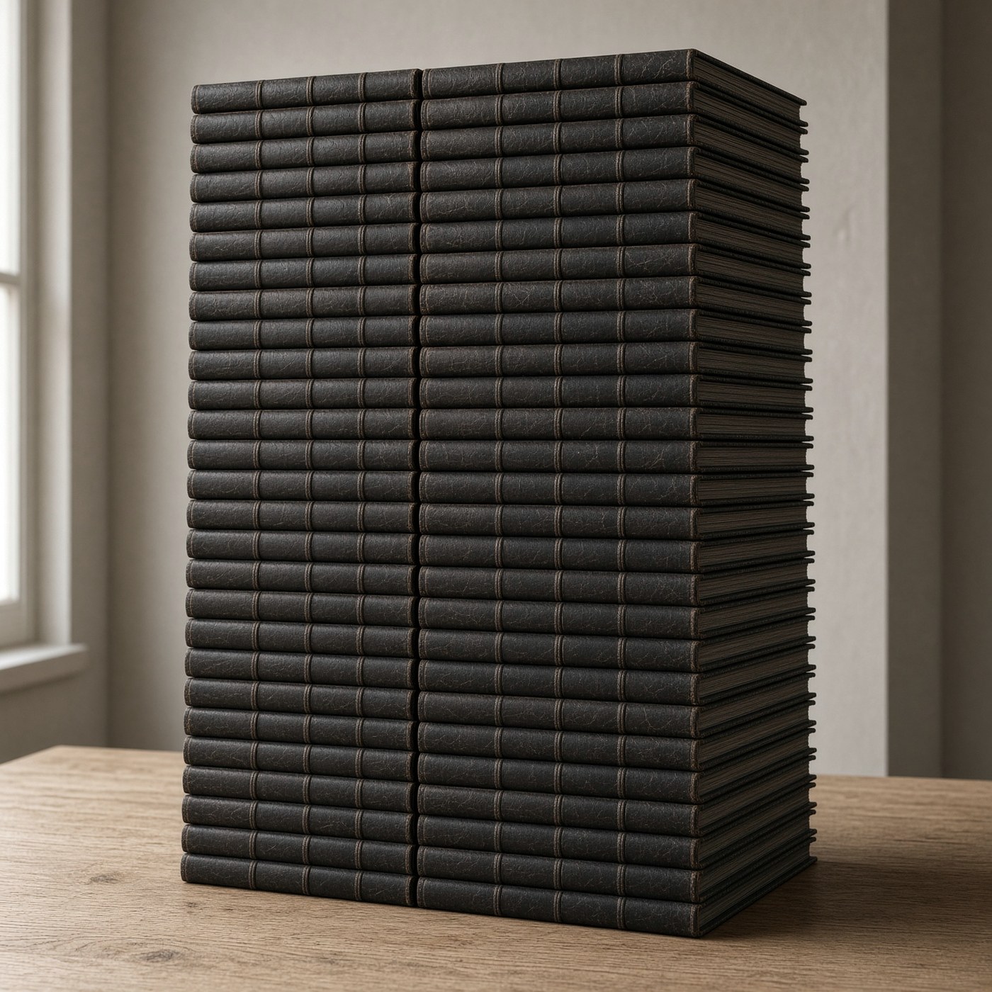 A stack of about a hundred books.