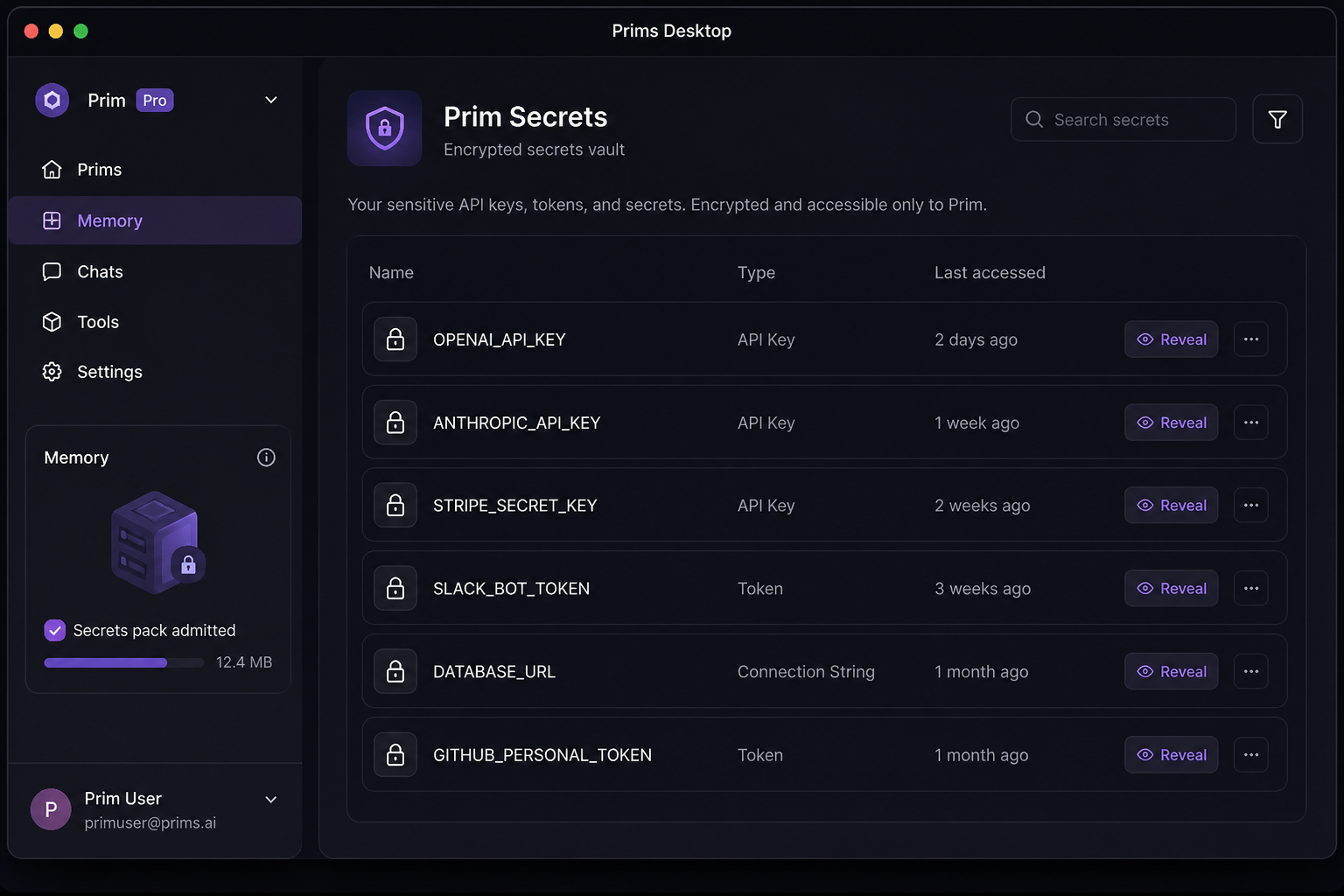 Prim Secrets encrypted vault in Prims Desktop