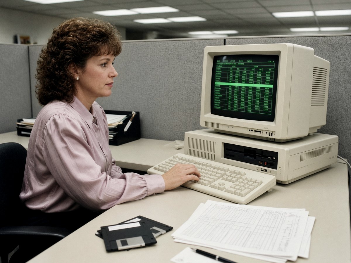 1980s office worker at a CRT, trapped in a spreadsheet.