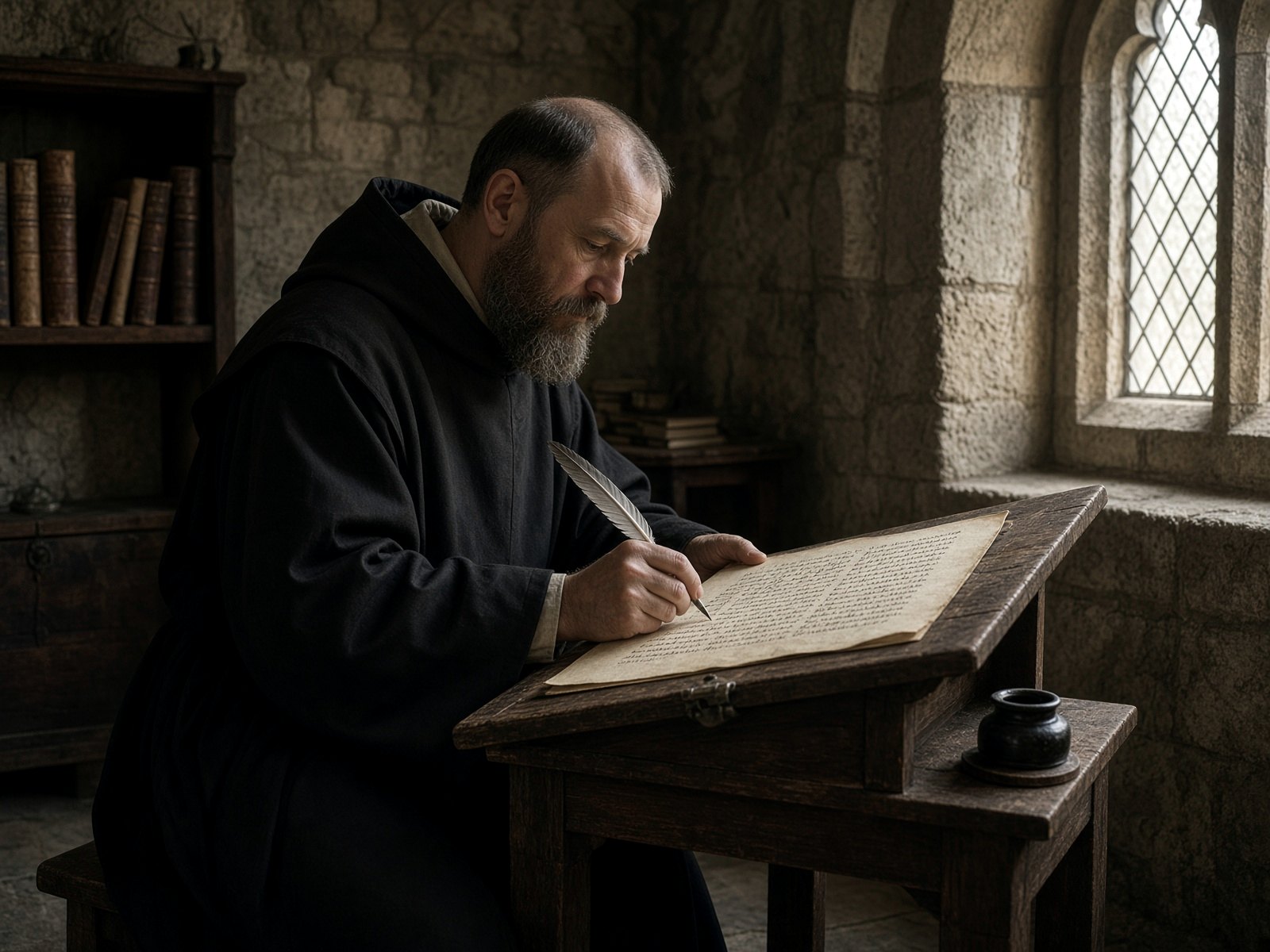 A monk at a sloped desk, copying a manuscript by hand.