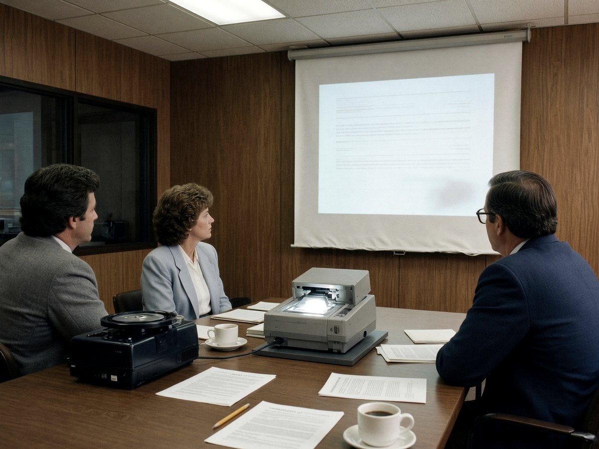 1980s conference room watching an overhead projector.