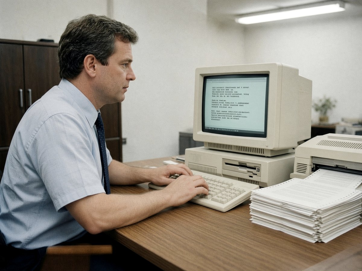 1980s office worker typing a report on an early word processor.